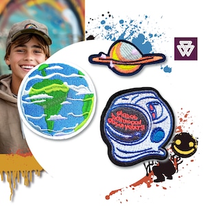 Saturno Planeta Parche bordado Hierro en / Día de la Tierra Parche de ropa para niños / Casco de astronauta Parche espacial Kit de reciclaje para regalo de adolescente