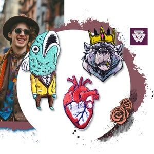 Può includere: Un set di cinque toppe ricamate da stirare che comprendono un pesce blu, un cuore rosso, un orso grigio con una corona dorata e due rose rosa.