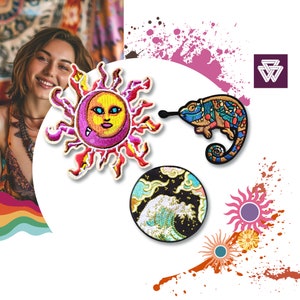 Op de afbeelding: Drie geborduurde strijkpatches: een kleurrijke zon met een halve maan, een blauwe en groene kameleon en een zwart-witte golf met wolken.