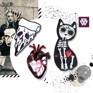 Anatomical Heart Embroidered Patch Iron on | Cat Skeleton Cool Stickers | Pizza Slice Skull Patch for School Bag Decorating Upcycling