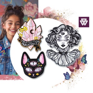 May include: Three embroidered iron-on patches: a pink crystal with the text "Protection from Assholes", a black cat with three eyes, and a black and white illustration of a woman with three eyes.