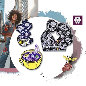 May include: Four embroidered patches featuring a space-themed design. The patches are in a variety of shapes and sizes, and feature a cup of coffee, a couple embracing, a cup of tea, and an astronaut floating in space. The patches are all black and white with a touch of color.