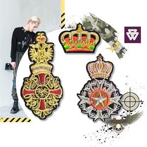 Könnte beinhalten: Drei gestickte Bügelbilder mit goldenen, roten und weißen Kronen und anderen Designs. Die Patches sind perfekt, um Kleidung, Taschen oder anderen Accessoires einen Hauch von Königlichkeit zu verleihen.
