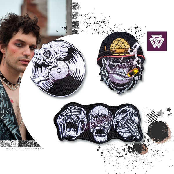 Gorilla Warrior Embroidered Patch Iron on | Vinyl Record Skull Patch | Dark Academia Speak No Evil Skulls Grunge Accessories for Denim Decor