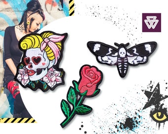 DEATH'S HEAD MOTH, skull pin-up girl, punk red rose embroidery patch iron on