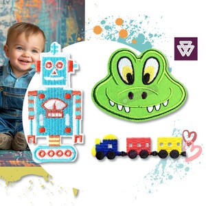Blauer Roboter Gestickter Aufnäher zum Aufbügeln | Alligator Sticker Krokodil Applikation | Little Train Kinderkleidung Patch für Kleinkind-Rucksack