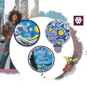 May include: Three embroidered iron-on patches featuring famous paintings. The first patch is a blue and white wave with a yellow sun in the background. The second patch is a blue and yellow lightbulb with a swirling pattern. The third patch is a blue and yellow starry night scene.