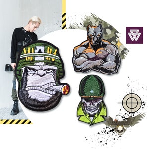 Puede incluir: Cuatro parches bordados con un gorila verde y negro fumando un cigarro, una calavera verde y negra con un casco militar verde, un perro verde y negro musculoso y un águila verde y negra con una calavera.