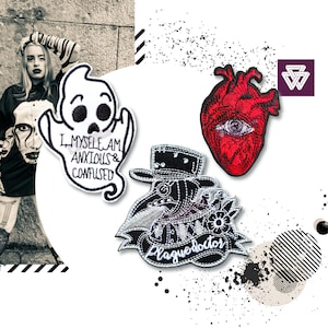 May include: Three embroidered iron-on patches. One is a white ghost with the text "I, myself am anxious & confused". Another is a red heart with an eye in the centre. The last is a black and white plague doctor with the text "Plague doctor".