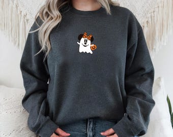 刺繍入りディズニーミニーゴーストスウェットシャツ ハロウィンディズニースウェットシャツ 不気味で快適なセーター ディズニーハロウィンプルオーバー ディズニースウェットシャツ