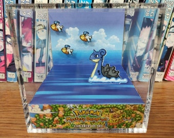 Pokemon Mystery Dungeon Opening Explorers of Sky (Lapras & Pelipper) 3D Diorama Cube, Handmade Crystal Diorama Cube, Unique Gift for Gamers