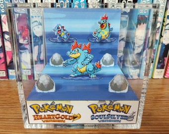 Evolution Feraligatr (HGSS), Totodile Croconaw Feraligatr 3D Diorama Cube, Feraligatr Handmade Crystal Diorama Cube, Unique Gift for Gamers