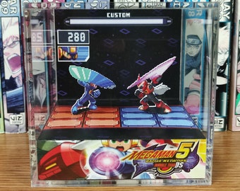Mega Man Diorama - Mega Man vs Protoman (Battle Network), Mega Man 3D Diorama Cube, Handmade Crystal Diorama Cube, Unique Gift for Gamers