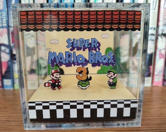 Mario Diorama - Super Mario Bros 3 (Super Mario Bros 3 Title), Mario 3D Diorama Cube, Handmade Crystal Diorama Cube, Unique Gift for Gamers