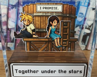 Final Fantasy Cloud x Tifa (CLOTI) Diorama Cube – Water Tower Promise Scene, Handmade Pixel Art Display, Retro Gaming Collectible