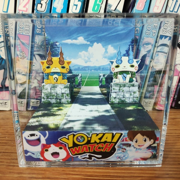 Yo-Kai Watch Komasan and Komajiro 3D Diorama Cube, Yo-Kai Watch Komasan and Komajiro Handmade Crystal Diorama Cube, Unique Gift for Gamers