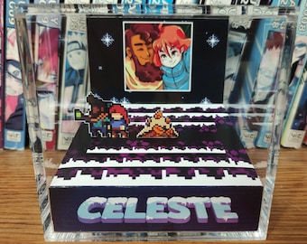 Celeste Campfire Selfie Diorama - Madeline and Theo, Celeste 3D Diorama Cube, Handmade Crystal Diorama Cube, Unique Gift for Gamers