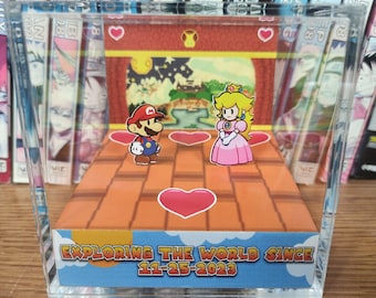 Paper Mario and Peach Anniversary Diorama - Mario Couples Date Box, Mario 3D Diorama Cube, Handmade Crystal Diorama Cube, Gift for Couples