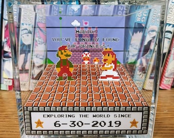 Mario and Peach SMBros Anniversary Diorama - Mario Couples Date Box, Mario 3D Diorama Cube, Handmade Crystal Diorama Cube, Gift for Couples