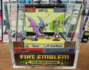 May include: A 3D diorama of a scene from the video game Fire Emblem: The Sacred Stones. The diorama features a purple and blue dragon attacking a female character named Eirika, who is wielding an iron sword. The diorama also includes the text "Fire Emblem: The Sacred Stones" and the characters' names, "Valter" and "Eirika".