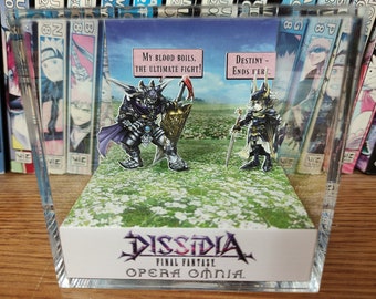 May include: A 3D pop-up diorama of the video game Dissidia Final Fantasy Opera Omnia. The diorama features two characters from the game, one with a sword and the other with a shield. The diorama is set against a backdrop of a green field with white flowers.