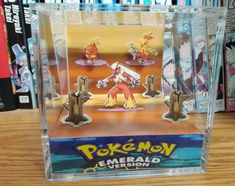 Evolution Blaziken (Emerald), Torchic Combusken Blaziken 3D Diorama Cube, Blaziken Handmade Crystal Diorama Cube, Unique Gift for Gamers