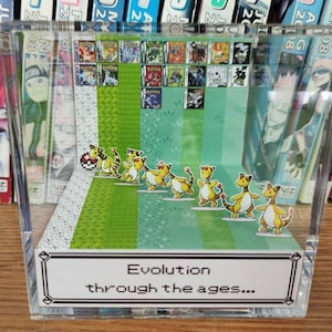 May include: A clear acrylic cube display case with a green and blue background. The case features a series of Pokemon characters, including Eevee, Vaporeon, Jolteon, Flareon, Espeon, Umbreon, Leafeon, Glaceon, and Sylveon. The case also includes a small Pokeball and the text "Evolution through the ages..."