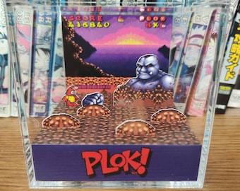 Plok! vs  RockyFella (Plok! SNES), Plok! Boss Battle RockyFella 3D Diorama Cube, Handmade Crystal Diorama Cube, Unique Gift for Gamers