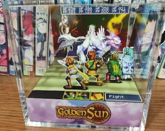 Golden Sun Fusion Dragon Battle, Golden Sun Dragon Battle Encounter 3D Diorama Cube, Handmade Crystal Diorama Cube, Unique Gift for Gamers