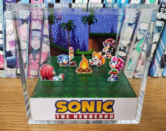 Sonic the Hedgehog Friends Campfire, Miles Tails Knuckles Amy Shadow 3D Diorama Cube, Handmade Crystal Diorama Cube, Unique Gift for Gamers