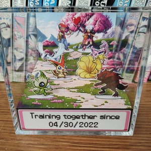 Cherry Blossom themed background. 2 Pokemon trainers in the back. There are 3 pokemon in front of each, for you to choose, a total of 6 Pokemon. At the front of the Pokemon is the anniversary/valentines date choosen. Pokemon anniversary/valentines!