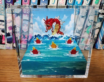 Shiny Gyarados Lake of Rage Diorama , Pixel Art Pokemon Display, Handmade 3D Diorama Cube, Shiny Gyarados and Magikarp Collector Scene Decor