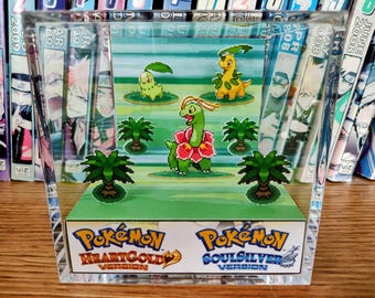 Evolution Meganium (HGSS), Chikorita Bayleef Meganium 3D Diorama Cube, Meganium Handmade Crystal Diorama Cube, Unique Gift for Gamers
