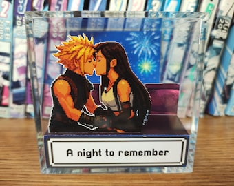 Final Fantasy 7 Cloud Tifa Kiss (CLOTI) Ferris Wheel Diorama, Handmade Pixel Art Display, FF7 Collector Scene, Retro Gaming Decor