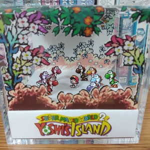 Super Mario World 2 Yoshi's Island Diorama - Yoshi's Island, Mario 3D Diorama Cube, Handmade Crystal Diorama Cube, Unique Gift for Gamers