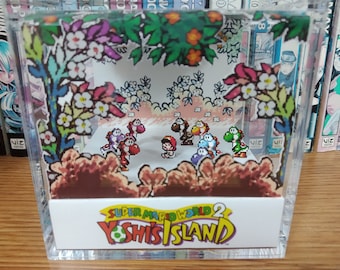 Diorama de l'île de Yoshi de Super Mario World 2 - L'île de Yoshi, cube de diorama Mario 3D, cube de diorama en cristal fait main, cadeau unique pour les joueurs