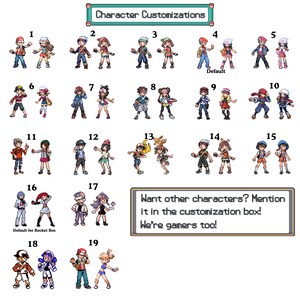 Puede incluir: Una cuadr&iacute;cula de 19 opciones de personalizaci&oacute;n de personajes, cada una con un par de figuras pixeladas. El banner superior dice "Personalizaciones de personajes". Un cuadro de texto debajo dice: "&iquest;Quieres otros personajes? &iexcl;Menci&oacute;nalo en el cuadro de personalizaci&oacute;n! &iexcl;Nosotros tambi&eacute;n somos jugadores!"