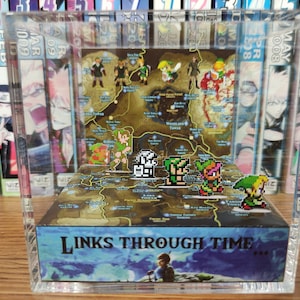 Diorama de Link de The Legend of Zelda - Links a través del tiempo, Cubo diorama 3D de Link de Zelda, Cubo diorama de cristal hecho a mano, Regalo único para gamers