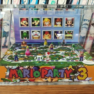 Diorama de Mario Party 3 - Mario Luigi Peach + personnages bonus, cube de diorama 3D Mario Party, cube de diorama en cristal fait main, cadeau pour les joueurs