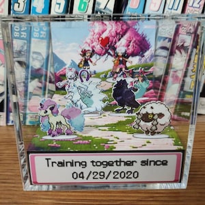 Cherry Blossom themed background. 2 Pokemon trainers in the back. There are 3 pokemon in front of each, for you to choose, a total of 6 Pokemon. At the front of the Pokemon is the anniversary/valentines date choosen. Pokemon anniversary/valentines!