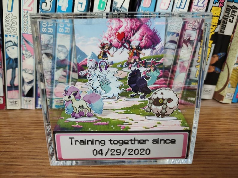 Cherry Blossom themed background. 2 Pokemon trainers in the back. There are 3 pokemon in front of each, for you to choose, a total of 6 Pokemon. At the front of the Pokemon is the anniversary/valentines date choosen. Pokemon anniversary/valentines!