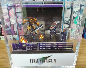 May include: A 3D diorama of a scene from the video game Final Fantasy VII. The scene features Cloud Strife battling a Hellfire monster. The diorama is made of paper and includes a detailed background and characters. The diorama is displayed in a clear acrylic case.