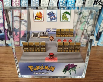 Pokemon Crystal Elm’s Lab Diorama Cube Scene with Cyndaquil, Totodile, Chikorita, Handmade 3D Crystal Display, Retro Pokemon Collectible