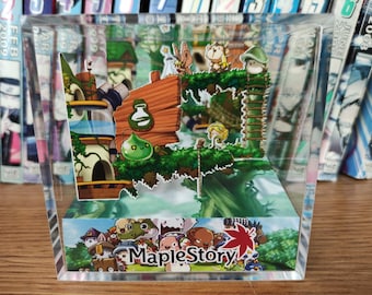 MapleStory Shades of Ellinia Diorama Box, Pixel Art Maplestory Magic Forest Display, Ellinia Village Collectible, Retro MMORPG Gaming Decor