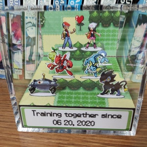 Classic green themed background. 2 Pokemon trainers in the back. There are 3 pokemon in front of each, for you to choose, a total of 6 Pokemon. At the front of the Pokemon is the anniversary/valentines date choosen. Pokemon anniversary/valentines!