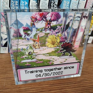 Cherry Blossom themed background. 2 Pokemon trainers in the back. There are 3 pokemon in front of each, for you to choose, a total of 6 Pokemon. At the front of the Pokemon is the anniversary/valentines date choosen. Pokemon anniversary/valentines!