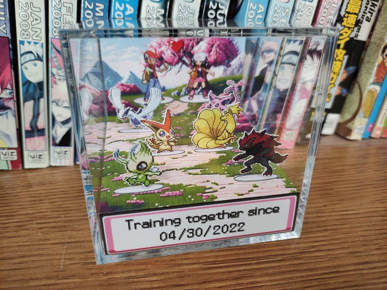 Cherry Blossom themed background. 2 Pokemon trainers in the back. There are 3 pokemon in front of each, for you to choose, a total of 6 Pokemon. At the front of the Pokemon is the anniversary/valentines date choosen. Pokemon anniversary/valentines!