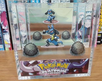 Evolution Lucario (Platinum), Riolu Lucario 3D Diorama Cube, Lucario Handmade Crystal Diorama Cube, Unique Gift for Gamers