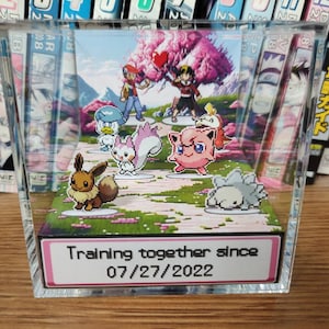 Cherry Blossom themed background. 2 Pokemon trainers in the back. There are 3 pokemon in front of each, for you to choose, a total of 6 Pokemon. At the front of the Pokemon is the anniversary/valentines date choosen. Pokemon anniversary/valentines!