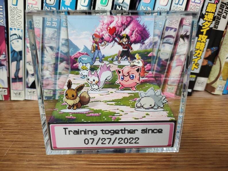 Cherry Blossom themed background. 2 Pokemon trainers in the back. There are 3 pokemon in front of each, for you to choose, a total of 6 Pokemon. At the front of the Pokemon is the anniversary/valentines date choosen. Pokemon anniversary/valentines!